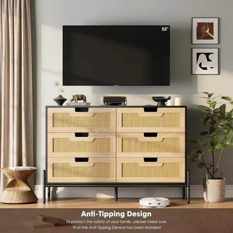 Comò con 6 cassetti in rattan naturale, cassettiera in legno, armadietto contenitore rustico con gambe in metallo, cassettiera moderna per camera da letto, soggiorno