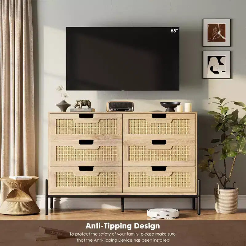 Comò con 6 cassetti in rattan naturale, cassettiera in legno, armadietto contenitore rustico con gambe in metallo, cassettiera moderna per camera da letto, soggiorno