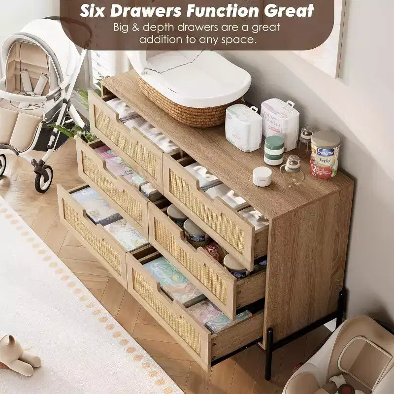 Comò con 6 cassetti in rattan naturale, cassettiera in legno, armadietto contenitore rustico con gambe in metallo, cassettiera moderna per camera da letto, soggiorno