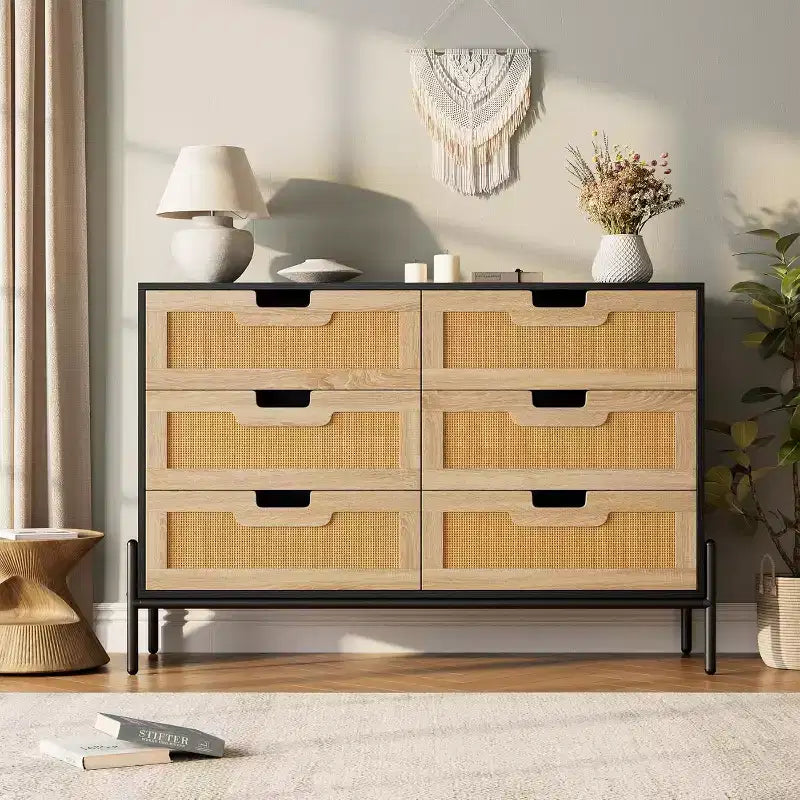 Comò con 6 cassetti in rattan naturale, cassettiera in legno, armadietto contenitore rustico con gambe in metallo, cassettiera moderna per camera da letto, soggiorno