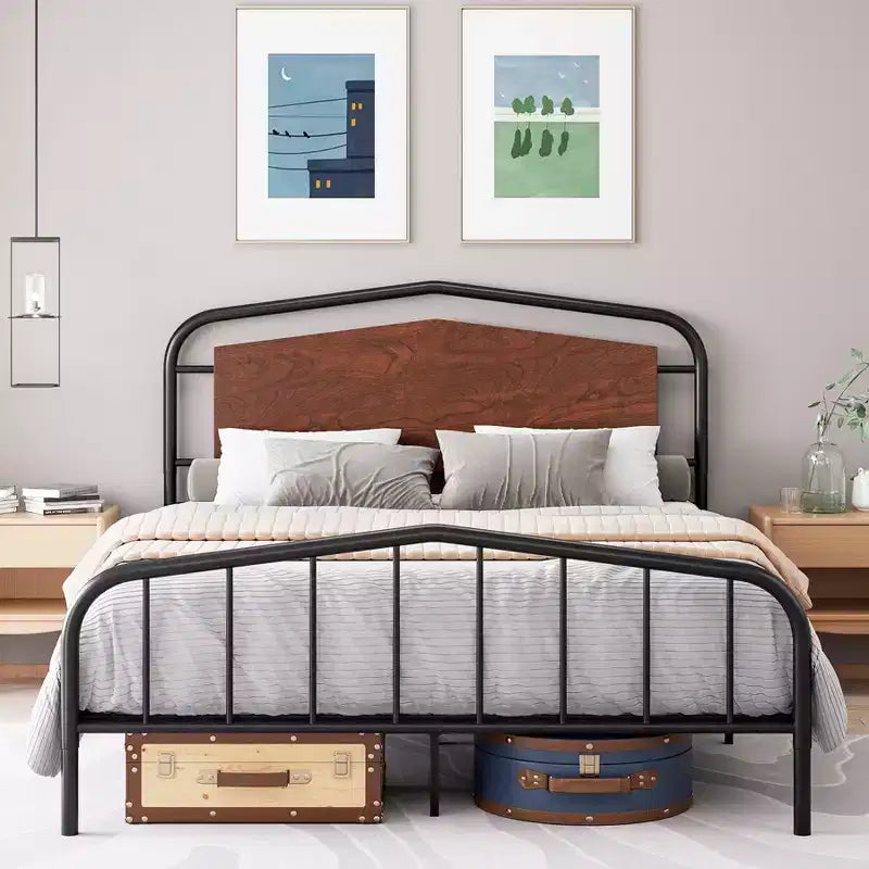 Struttura letto in metallo con testiera in legno - Letto a piattaforma in ferro battuto, contenitore sotto il letto, facile montaggio per camera da letto in stile industriale