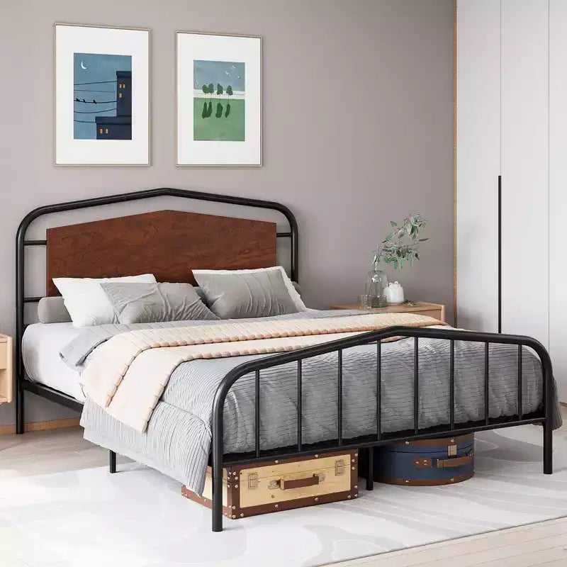 Struttura letto in metallo con testiera in legno - Letto a piattaforma in ferro battuto, contenitore sotto il letto, facile montaggio per camera da letto in stile industriale