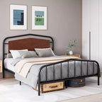 Struttura letto in metallo con testiera in legno - Letto a piattaforma in ferro battuto, contenitore sotto il letto, facile montaggio per camera da letto in stile industriale