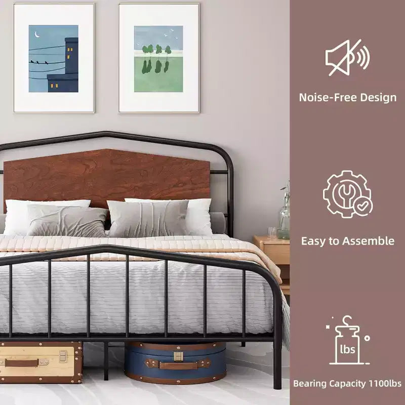 Struttura letto in metallo con testiera in legno - Letto a piattaforma in ferro battuto, contenitore sotto il letto, facile montaggio per camera da letto in stile industriale