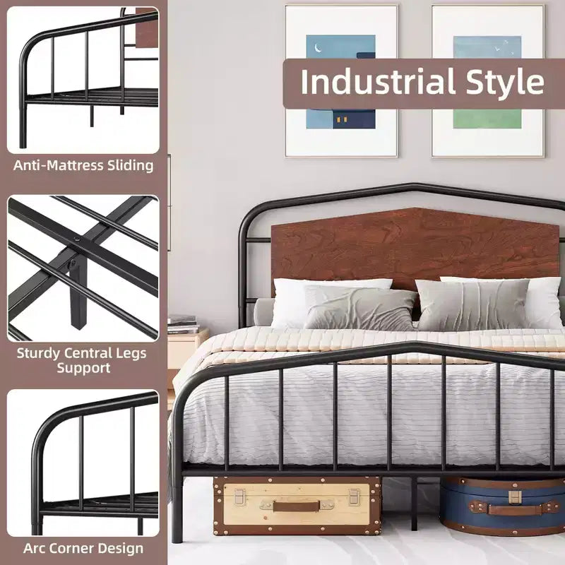 Struttura letto in metallo con testiera in legno - Letto a piattaforma in ferro battuto, contenitore sotto il letto, facile montaggio per camera da letto in stile industriale