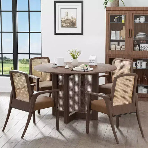 Tavolo da pranzo rotondo in rattan marrone da 46 pollici per 4-6 persone, adatto a sala da pranzo e soggiorno