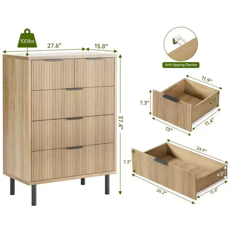 Cassettiera a 5 cassetti scanalata per camera da letto, cassettiera moderna in legno con cassetti ampi, organizer per armadio con dispositivo antiribaltamento
