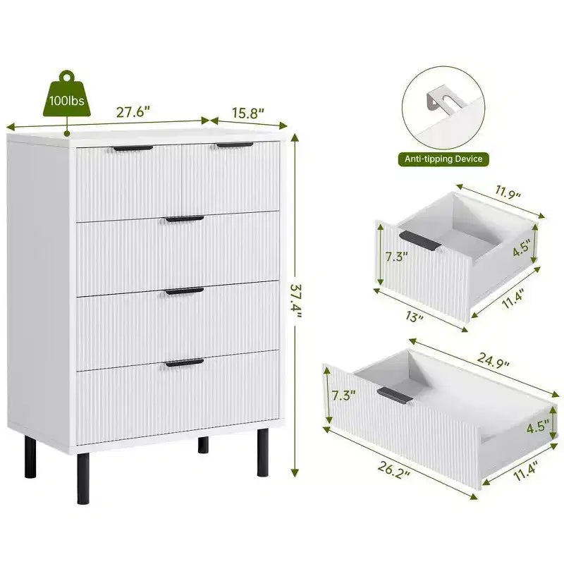 Cassettiera a 5 cassetti scanalata per camera da letto, cassettiera moderna in legno con cassetti ampi, organizer per armadio con dispositivo antiribaltamento
