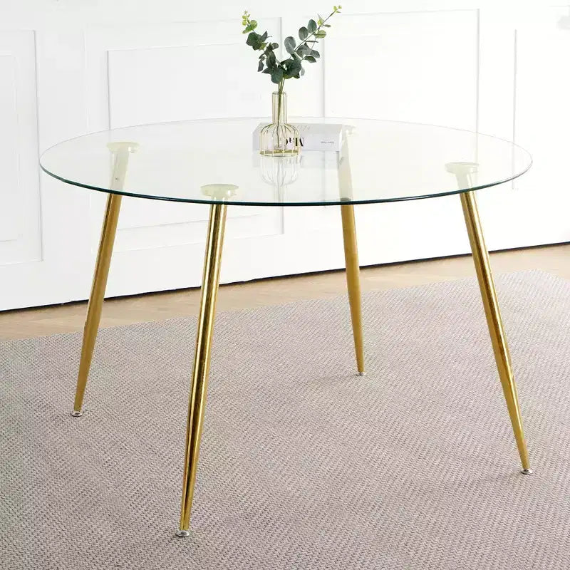 Okak Tavolo da Pranzo Rotondo Moderno con Piano in Vetro Temperato e Gambe Metalliche Spray per Sala da Pranzo, Oro