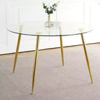 Okak Tavolo da Pranzo Rotondo Moderno con Piano in Vetro Temperato e Gambe Metalliche Spray per Sala da Pranzo, Oro