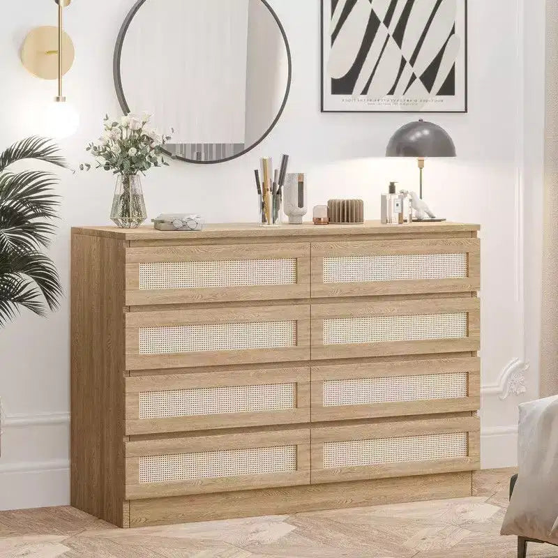Cassettiera grande a 8 cassetti per camera da letto, cassettiera moderna in rattan stile rustico, cassettiera sottile in legno