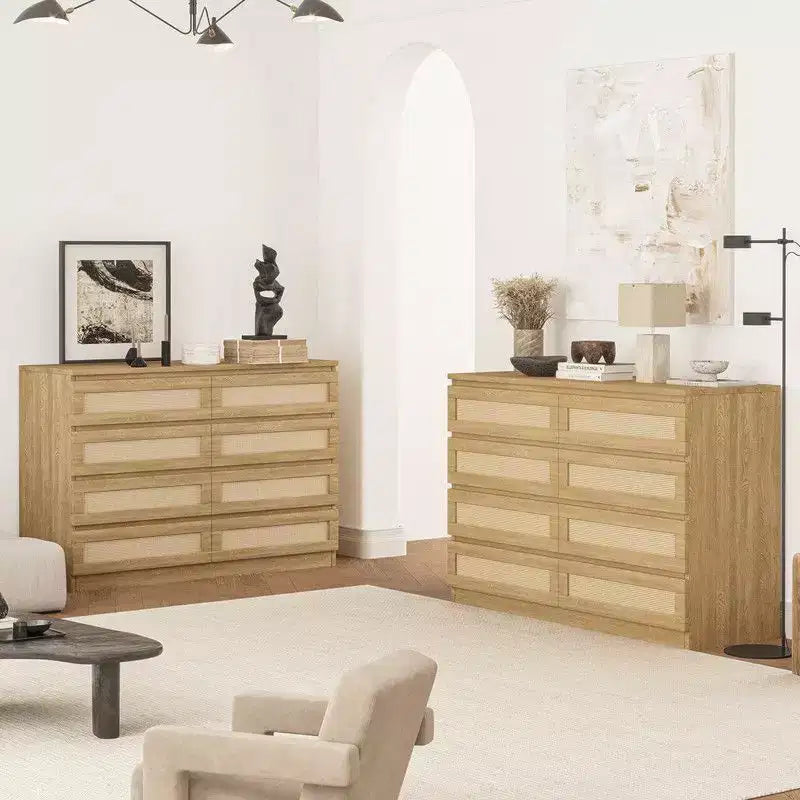 Cassettiera grande a 8 cassetti per camera da letto, cassettiera moderna in rattan stile rustico, cassettiera sottile in legno