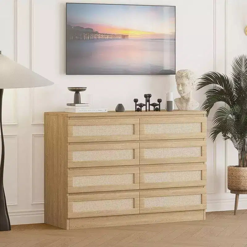 Cassettiera grande a 8 cassetti per camera da letto, cassettiera moderna in rattan stile rustico, cassettiera sottile in legno