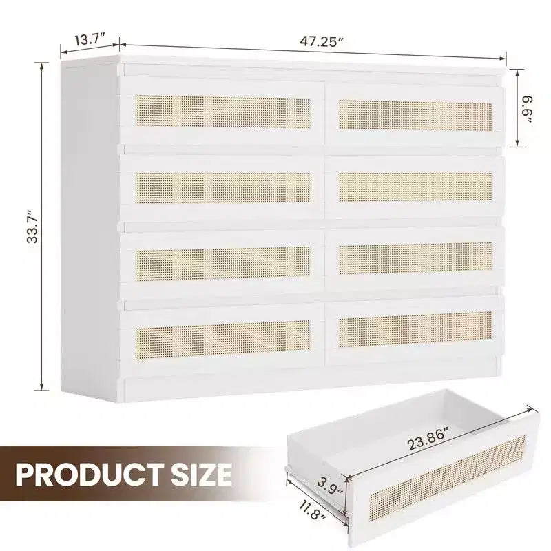 Cassettiera grande a 8 cassetti per camera da letto, cassettiera moderna in rattan stile rustico, cassettiera sottile in legno