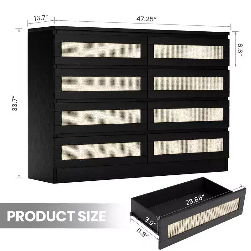 Cassettiera grande a 8 cassetti per camera da letto, cassettiera moderna in rattan stile rustico, cassettiera sottile in legno