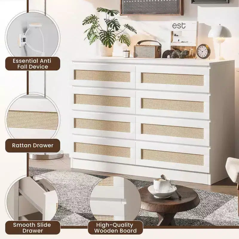Cassettiera grande a 8 cassetti per camera da letto, cassettiera moderna in rattan stile rustico, cassettiera sottile in legno