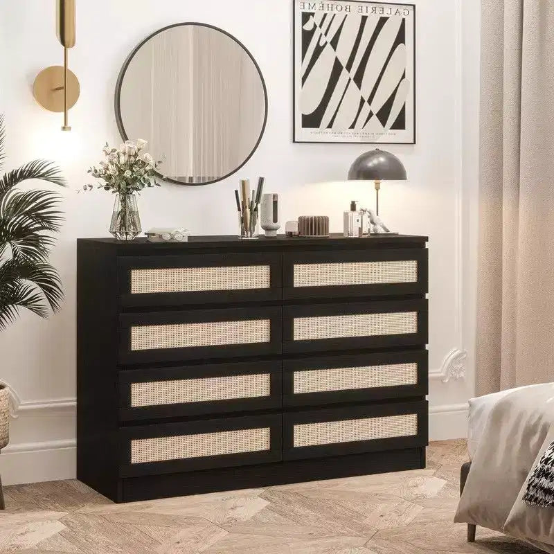 Cassettiera grande a 8 cassetti per camera da letto, cassettiera moderna in rattan stile rustico, cassettiera sottile in legno