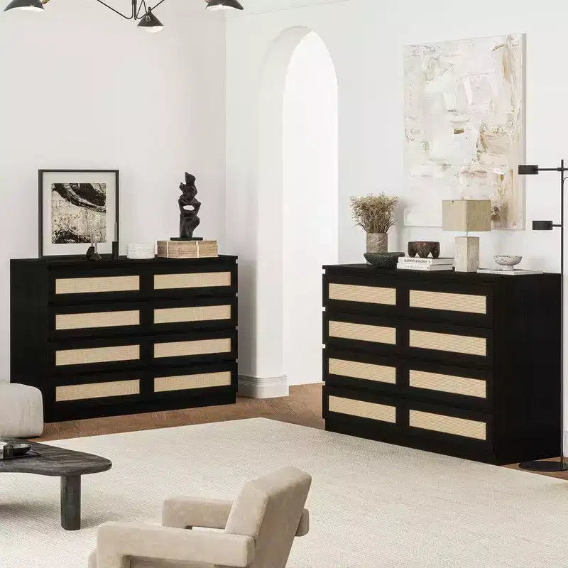 Cassettiera grande a 8 cassetti per camera da letto, cassettiera moderna in rattan stile rustico, cassettiera sottile in legno