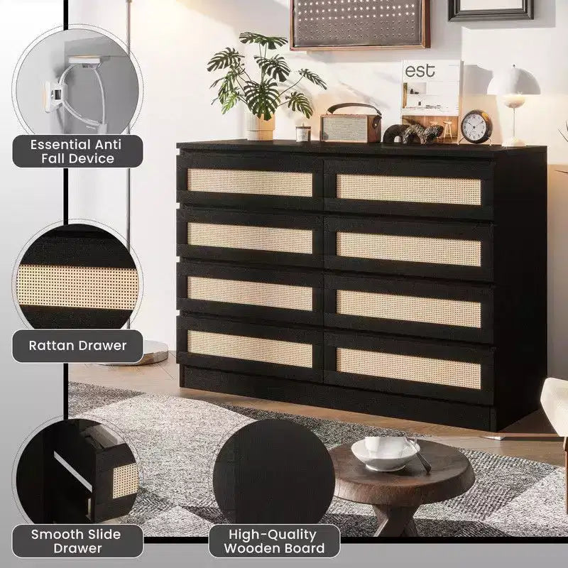 Cassettiera grande a 8 cassetti per camera da letto, cassettiera moderna in rattan stile rustico, cassettiera sottile in legno
