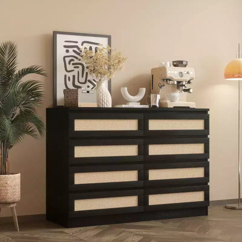 Large 8 Drawer Dresser for Bedroom, Modern Farmhouse Rattan Dresser, Slim Wood Chest of Drawers