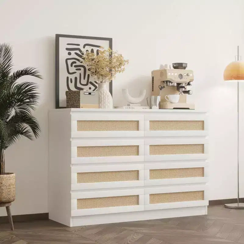 Cassettiera grande a 8 cassetti per camera da letto, cassettiera moderna in rattan stile rustico, cassettiera sottile in legno