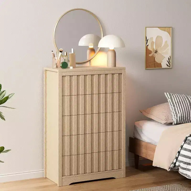 Cassettiera alta scanalata a 5 cassetti - Design senza maniglie con contenitori profondi per camera da letto e soggiorno
