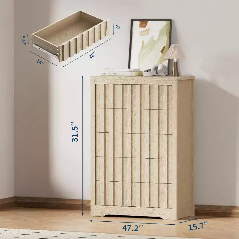 Cassettiera alta scanalata a 5 cassetti - Design senza maniglie con contenitori profondi per camera da letto e soggiorno