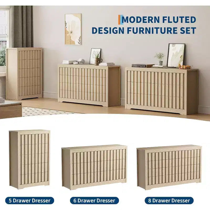 Cassettiera alta scanalata a 5 cassetti - Design senza maniglie con contenitori profondi per camera da letto e soggiorno