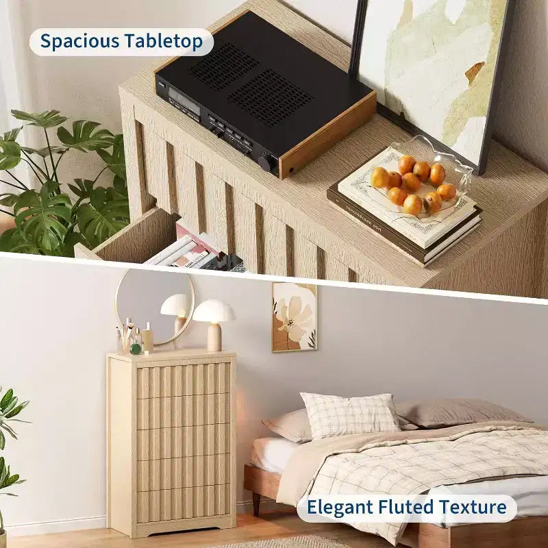Cassettiera alta scanalata a 5 cassetti - Design senza maniglie con contenitori profondi per camera da letto e soggiorno