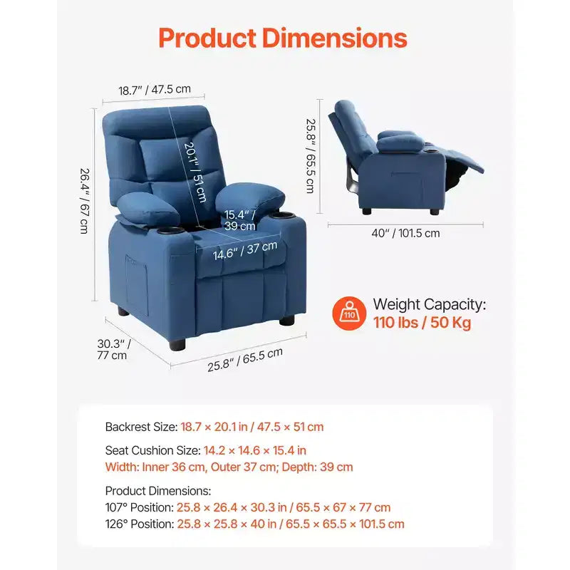 VEVOR Poltrona Reclinabile per Bambini, Recliner per Bambini con Portabicchieri e Tasche, Schienale Regolabile da 107 a 126, Tessuto in Poliestere Traspirante, Blu