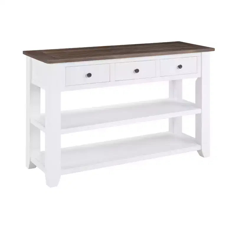 44Tavolo Console con Due Ripiani Aperti, Struttura e Gambe in Legno Massello di Pino per Soggiorno, Marrone e Bianco