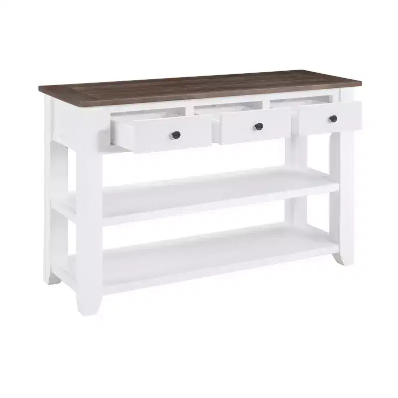 44Tavolo Console con Due Ripiani Aperti, Struttura e Gambe in Legno Massello di Pino per Soggiorno, Marrone e Bianco