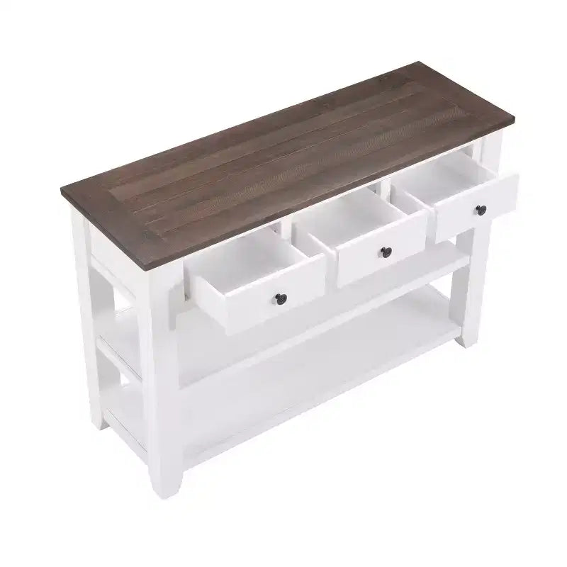 44Tavolo Console con Due Ripiani Aperti, Struttura e Gambe in Legno Massello di Pino per Soggiorno, Marrone e Bianco