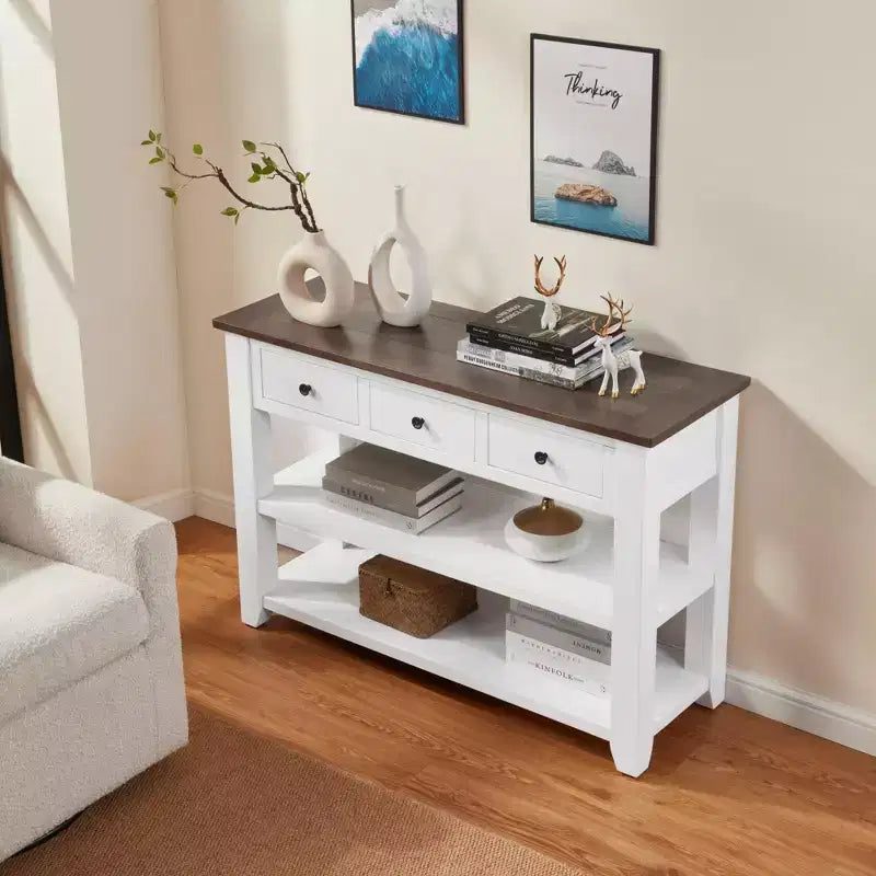 44Tavolo Console con Due Ripiani Aperti, Struttura e Gambe in Legno Massello di Pino per Soggiorno, Marrone e Bianco