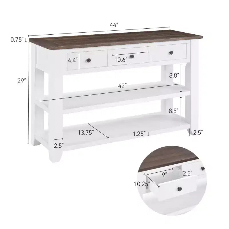 44Tavolo Console con Due Ripiani Aperti, Struttura e Gambe in Legno Massello di Pino per Soggiorno, Marrone e Bianco