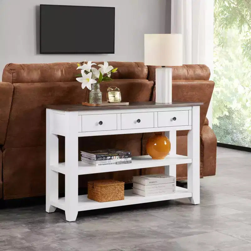 44Tavolo Console con Due Ripiani Aperti, Struttura e Gambe in Legno Massello di Pino per Soggiorno, Marrone e Bianco