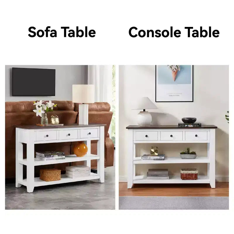 44Tavolo Console con Due Ripiani Aperti, Struttura e Gambe in Legno Massello di Pino per Soggiorno, Marrone e Bianco