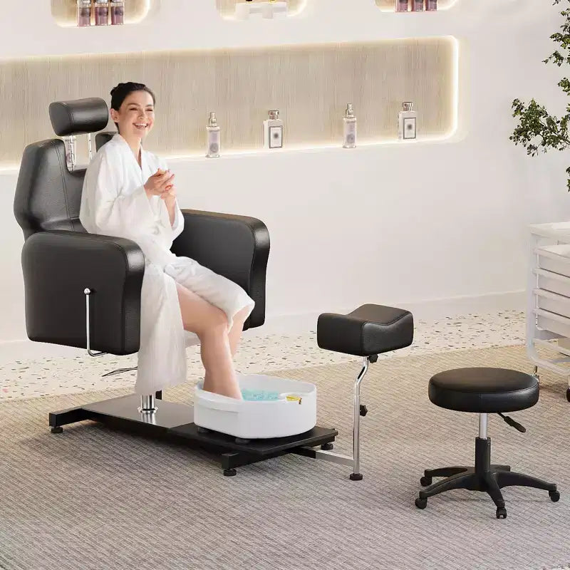 Poltrona da pedicure FinerFurnis, elegante vasca per pedicure con poggiapiedi regolabile e poggiatesta telescopico, schienale reclinabile fino a 130, senza impianto idraulico