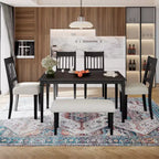 Set sala da pranzo rustico per 6, tavolo rettangolare in legno da 6 pezzi e 4 sedie con panca per cucina