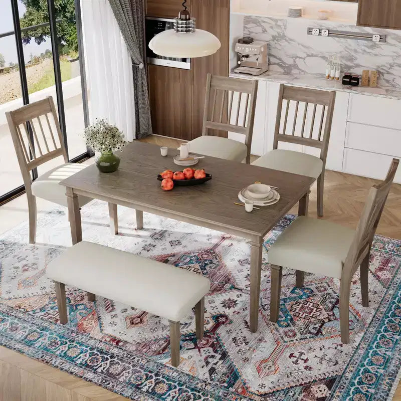 Set sala da pranzo rustico per 6, tavolo rettangolare in legno da 6 pezzi e 4 sedie con panca per cucina