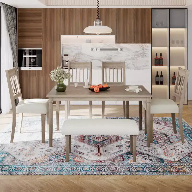 Set sala da pranzo rustico per 6, tavolo rettangolare in legno da 6 pezzi e 4 sedie con panca per cucina