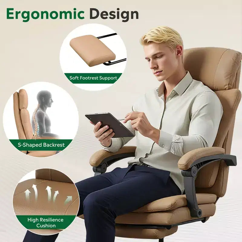 Sedia da ufficio direzionale in pelle GALAXHERO con poggiapiedi, sedia da scrivania ergonomica per carichi pesanti con schienale alto, grande e alta con supporto lombare