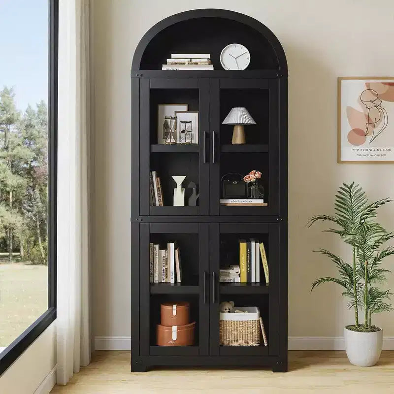 Libreria rustica ad arco da 72 pollici - Mobile espositore alto in legno a 5 ripiani, Armadietto contenitore con ante in vetro/legno