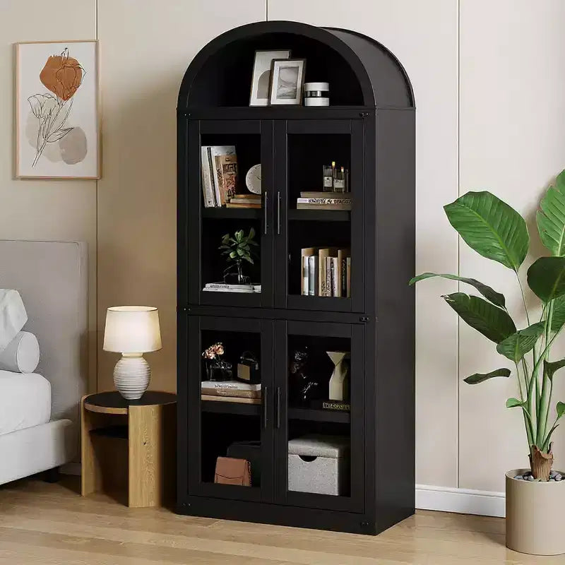 Libreria rustica ad arco da 72 pollici - Mobile espositore alto in legno a 5 ripiani, Armadietto contenitore con ante in vetro/legno