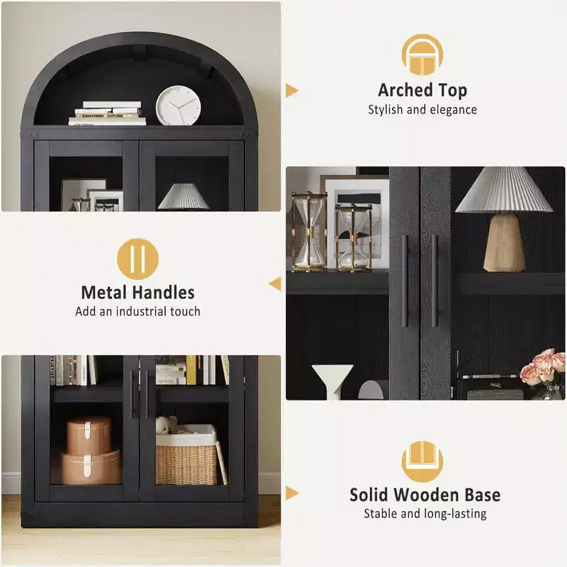 Libreria rustica ad arco da 72 pollici - Mobile espositore alto in legno a 5 ripiani, Armadietto contenitore con ante in vetro/legno