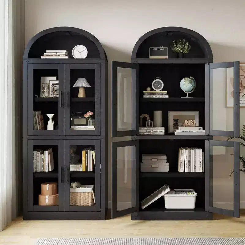 Libreria rustica ad arco da 72 pollici - Mobile espositore alto in legno a 5 ripiani, Armadietto contenitore con ante in vetro/legno