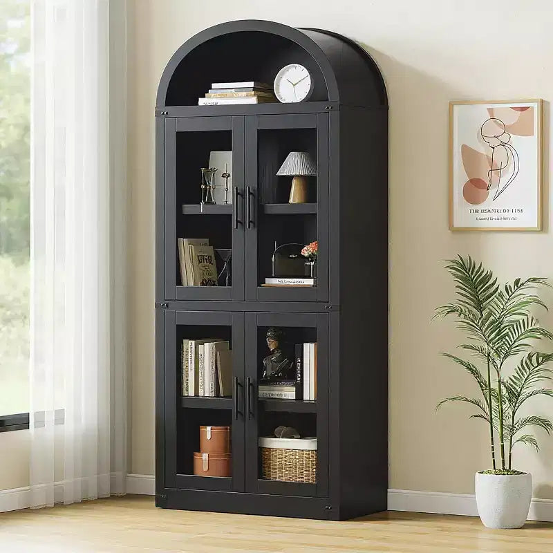 Libreria rustica ad arco da 72 pollici - Mobile espositore alto in legno a 5 ripiani, Armadietto contenitore con ante in vetro/legno