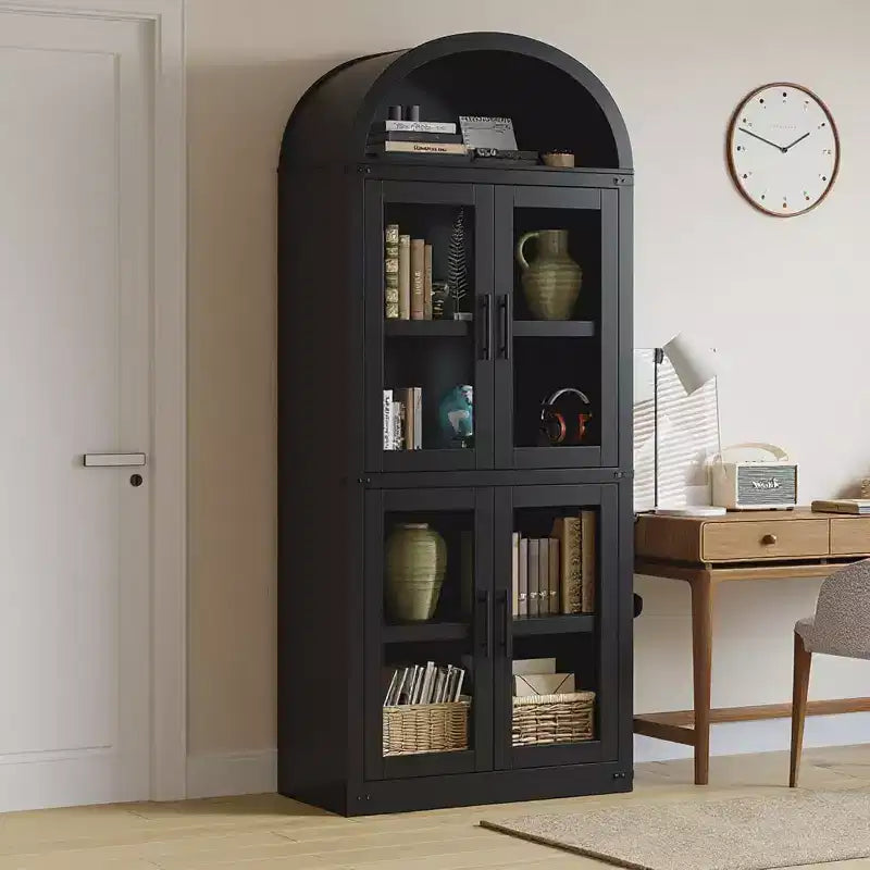 Libreria rustica ad arco da 72 pollici - Mobile espositore alto in legno a 5 ripiani, Armadietto contenitore con ante in vetro/legno
