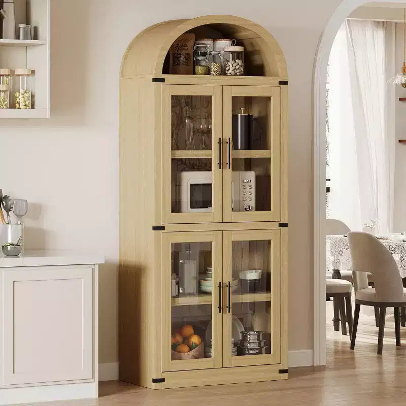 Libreria rustica ad arco da 72 pollici - Mobile espositore alto in legno a 5 ripiani, Armadietto contenitore con ante in vetro/legno