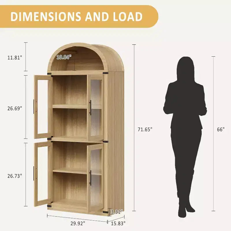 Libreria rustica ad arco da 72 pollici - Mobile espositore alto in legno a 5 ripiani, Armadietto contenitore con ante in vetro/legno